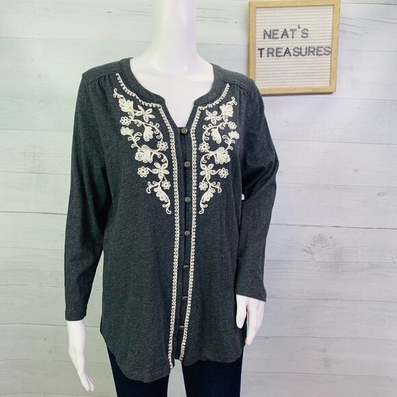 J Jill Floral Appliqué Heather Black Front Button Cardigan Sweater Size L Petite - Picture 2 of 9